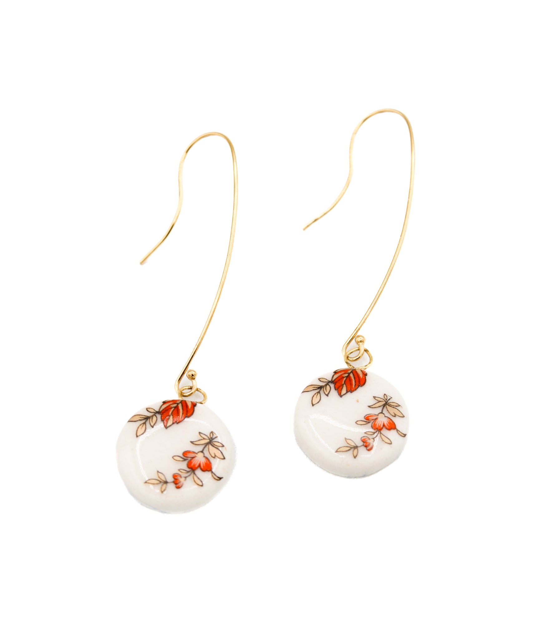 Gold-filled hook earrings with circular white pendants, showcasing vintage orange and brown floral designs: Porcelain Dangle Earrings Orange 2 Flowers.