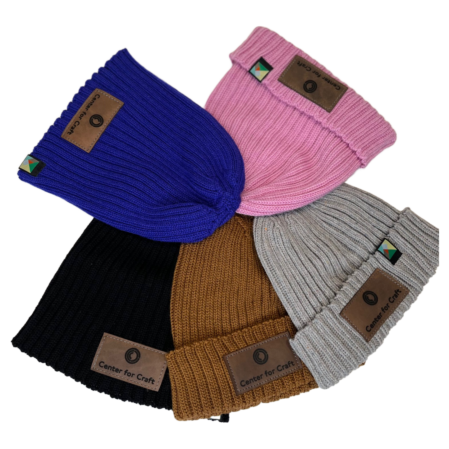 Sustainably sourced wool and nylon woven beanie hats in various colors with a leather patch "Center for Craft" on the front