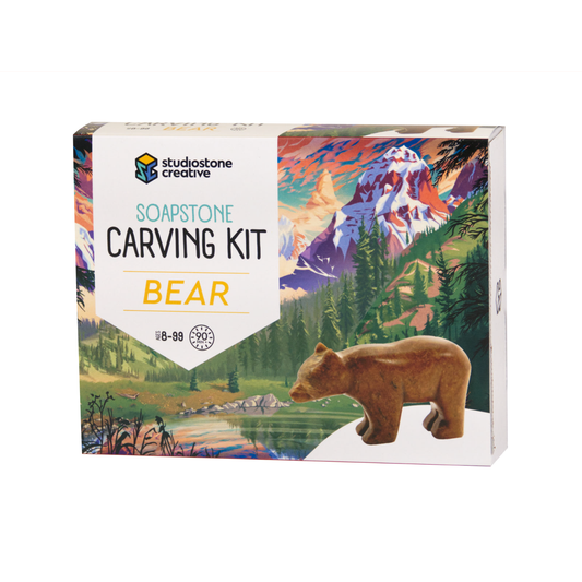 Carving kit including all things needed to carve a soapstone into the shape of a bear