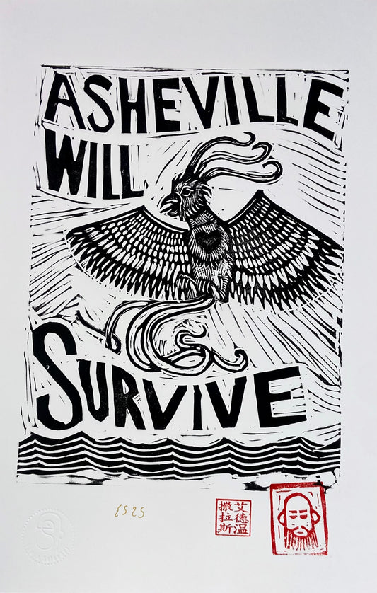 "Asheville Will Survive" Block Print by Edwin Salas