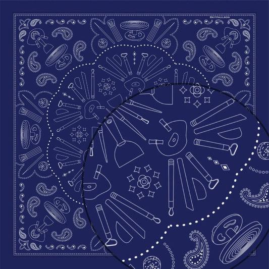 navy blue bandana with white clay working tool images